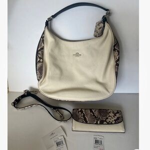 Coach Harley Pebble Leather Chalk Snake Shoulder Bag Purse with Matching Wallet